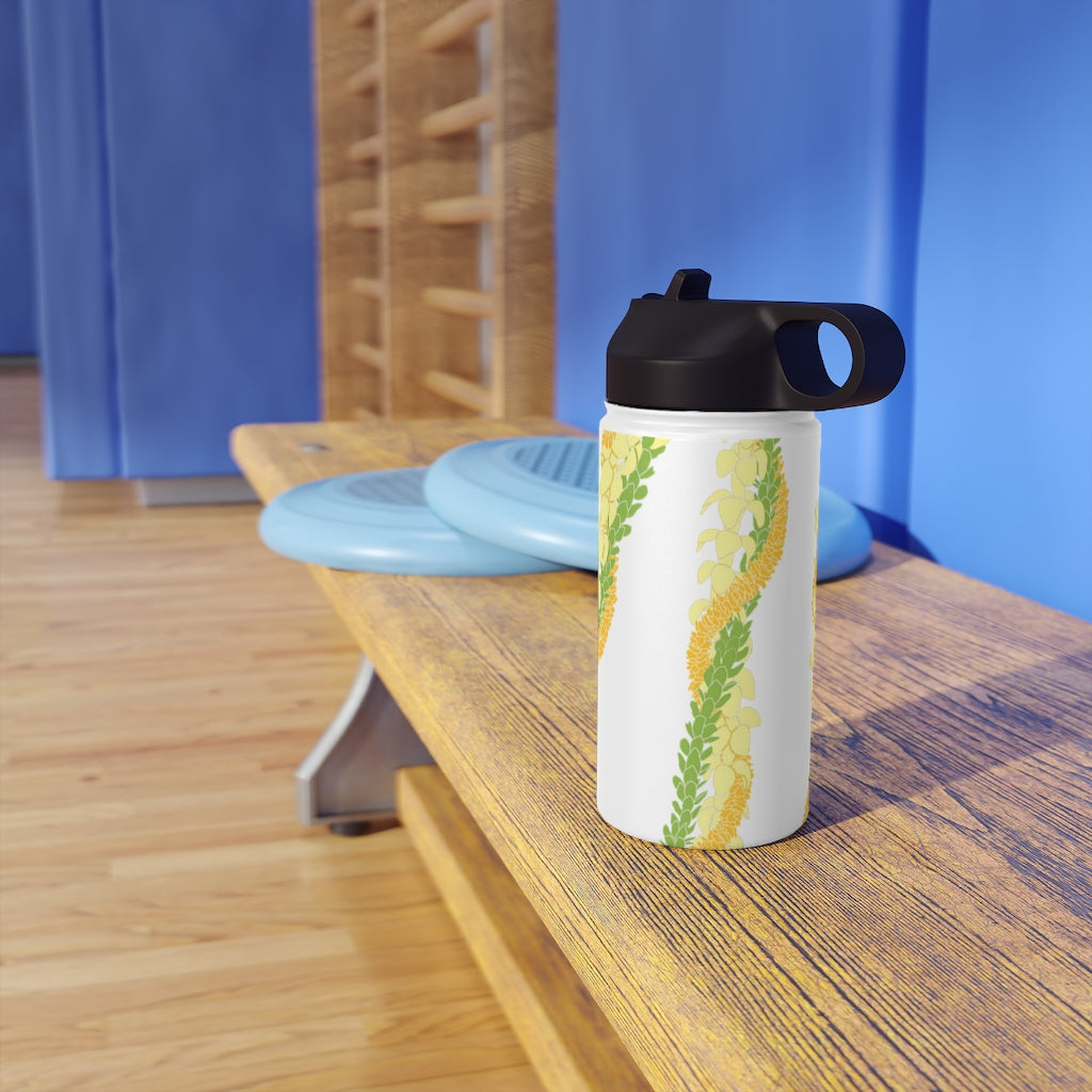 Water Bottle with Sip Straw- Triple Strand Ilima, Pakalana and Puakenikeni Leis (White)