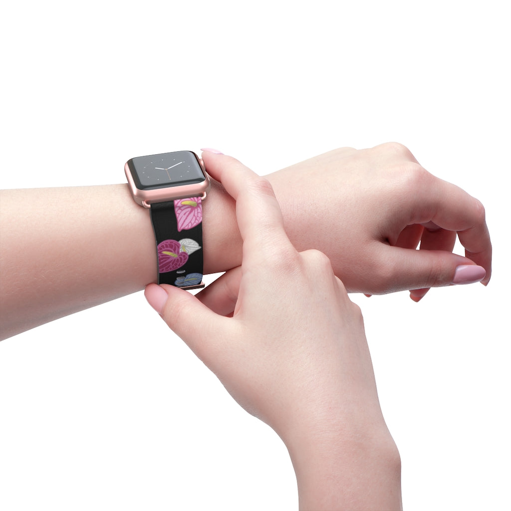 Vegan Leather Apple Watch Band- Anthuriums Light the Night