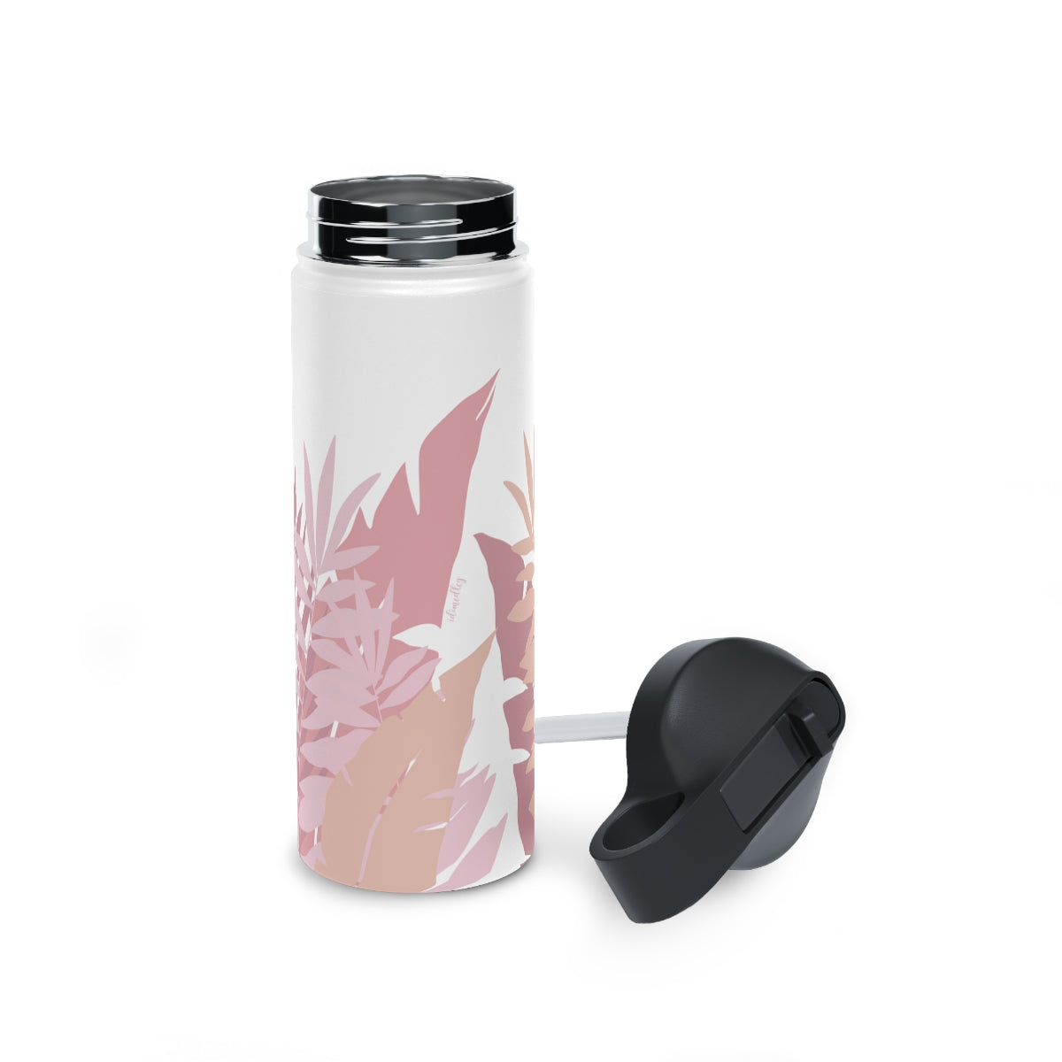 Water Bottle, 3 sizes, Stainless Steel with Sip Straw- Whispering Leaves in Pink