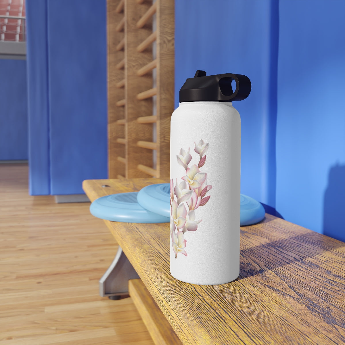 Water Bottle, 3 sizes, Stainless Steel with Sip Straw- Plumeria Cluster