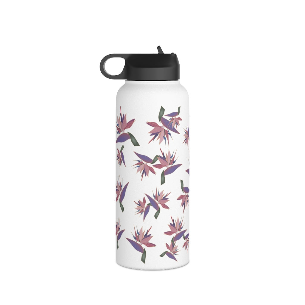 Water Bottle, 3 sizes, Stainless Steel with Sip Straw- Bird of Paradise
