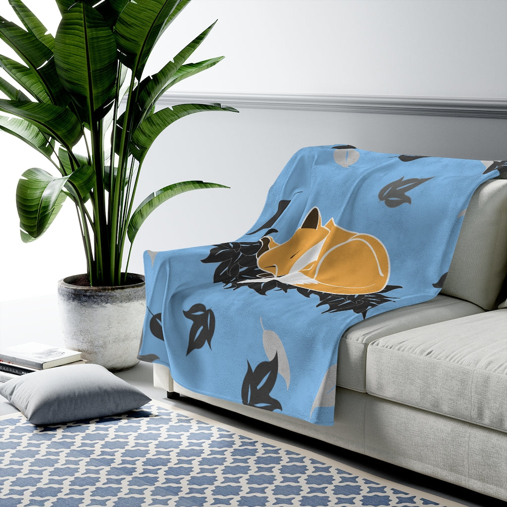 Velveteen Blanket- Snuggles the Fox on Maile (Blue Skies)