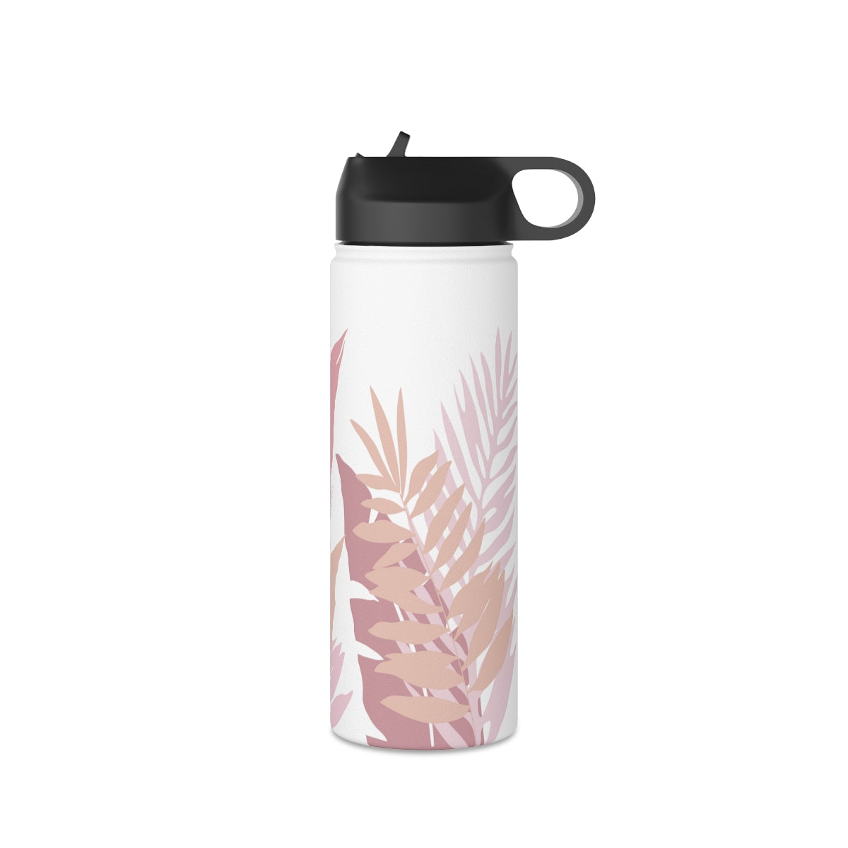 Water Bottle, 3 sizes, Stainless Steel with Sip Straw- Whispering Leaves in Pink