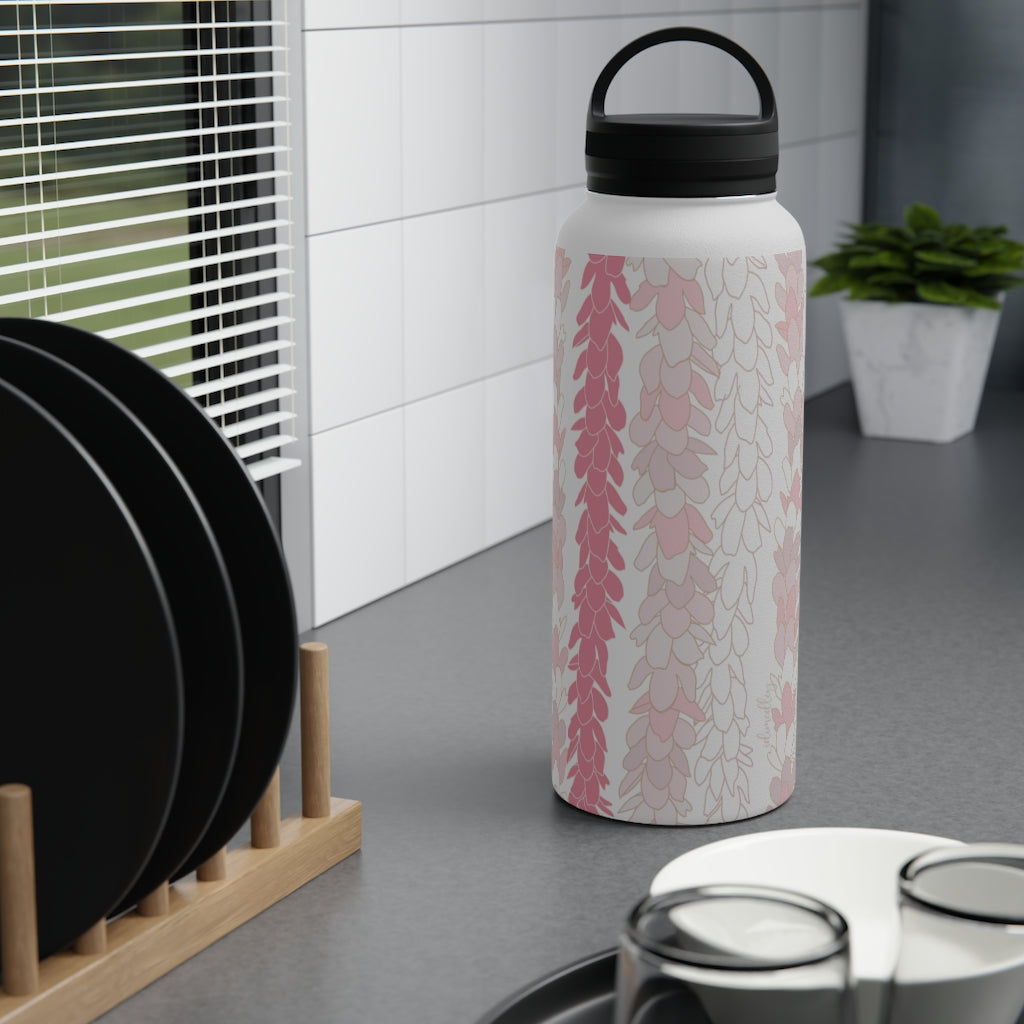 Water Bottle, 3 sizes, Stainless Steel with Handle Lid- Pakalana Lei Stringing Pink