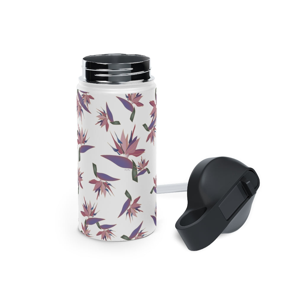 Water Bottle, 3 sizes, Stainless Steel with Sip Straw- Bird of Paradise