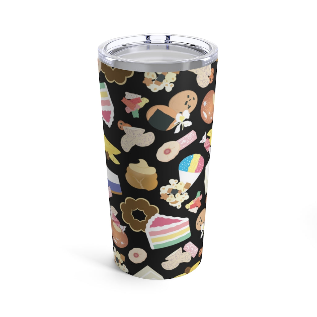 Hawaii's Favorites Sweet and Savory Snacks on insulated tumbler. Shave ice, senbei, malasada, taro chips, iso peanuts, arare, kakimochi popcorn, li hing gummy bears, pickled mango, chi chi dango, Mochi donut, haupia cake, almond cookies, rainbow cake, sweet potato haupia pie, tomoe ame, haupia cake, Cocoa Puffs