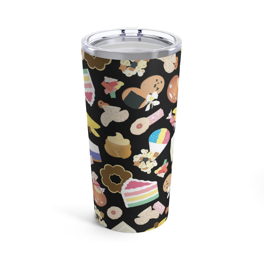 Hawaii's Favorites Sweet and Savory Snacks on insulated tumbler. Shave ice, senbei, malasada, taro chips, iso peanuts, arare, kakimochi popcorn, li hing gummy bears, pickled mango, chi chi dango, Mochi donut, haupia cake, almond cookies, rainbow cake, sweet potato haupia pie, tomoe ame, haupia cake, Cocoa Puffs