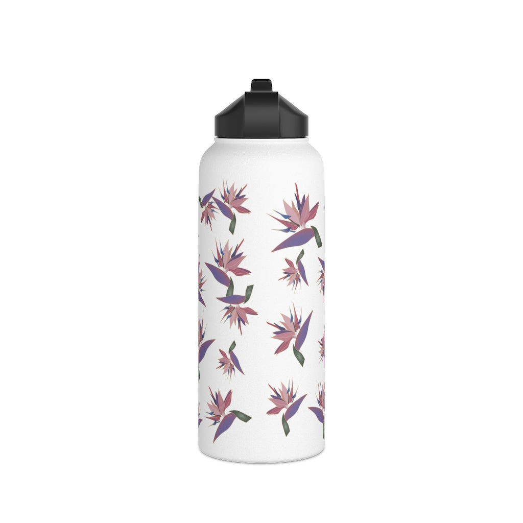 Water Bottle, 3 sizes, Stainless Steel with Sip Straw- Bird of Paradise
