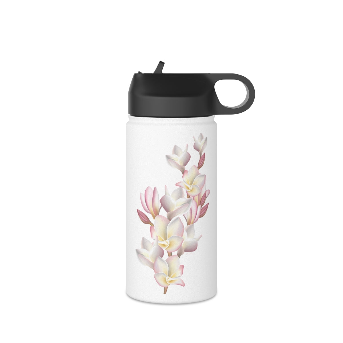 Water Bottle, 3 sizes, Stainless Steel with Sip Straw- Plumeria Cluster