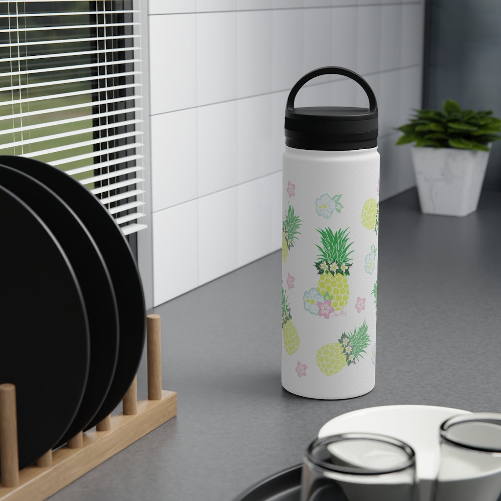 Water Bottle, 3 sizes, Stainless Steel with Handle Lid- Pineapple Party Flurries