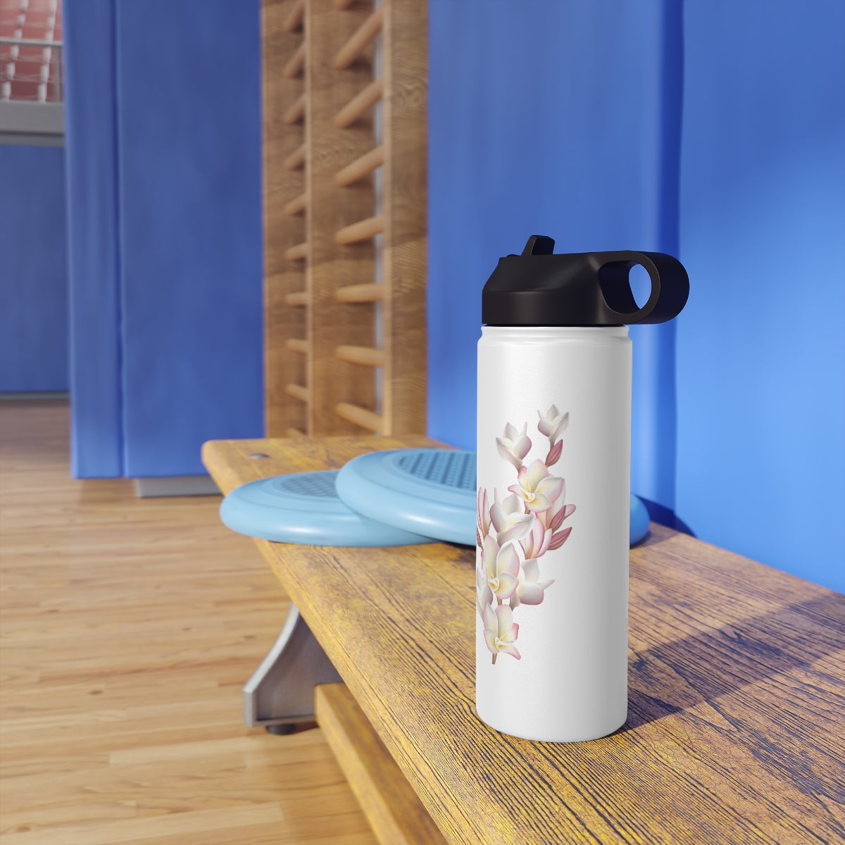 Water Bottle, 3 sizes, Stainless Steel with Sip Straw- Plumeria Cluster