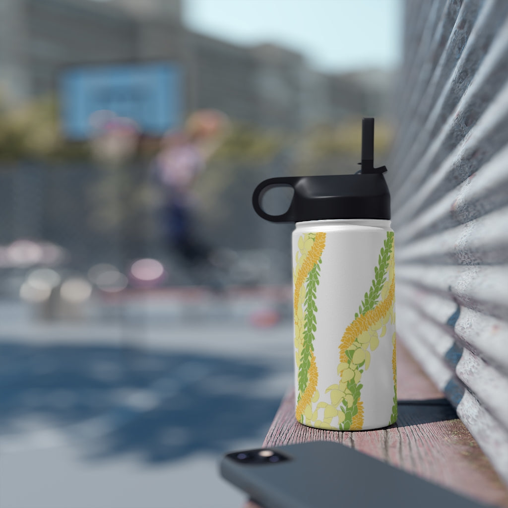 Water Bottle with Sip Straw- Triple Strand Ilima, Pakalana and Puakenikeni Leis (White)
