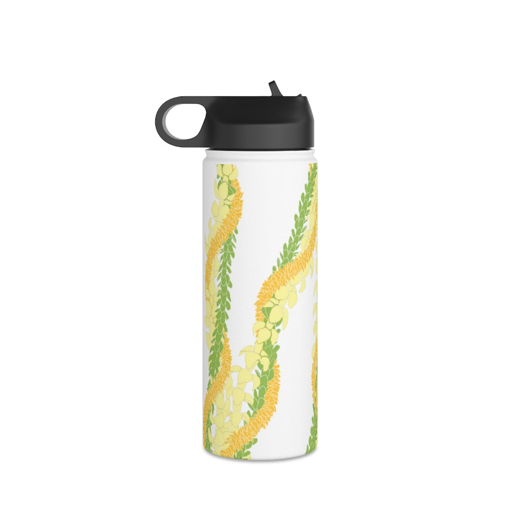 Water Bottle with Sip Straw- Triple Strand Ilima, Pakalana and Puakenikeni Leis (White)