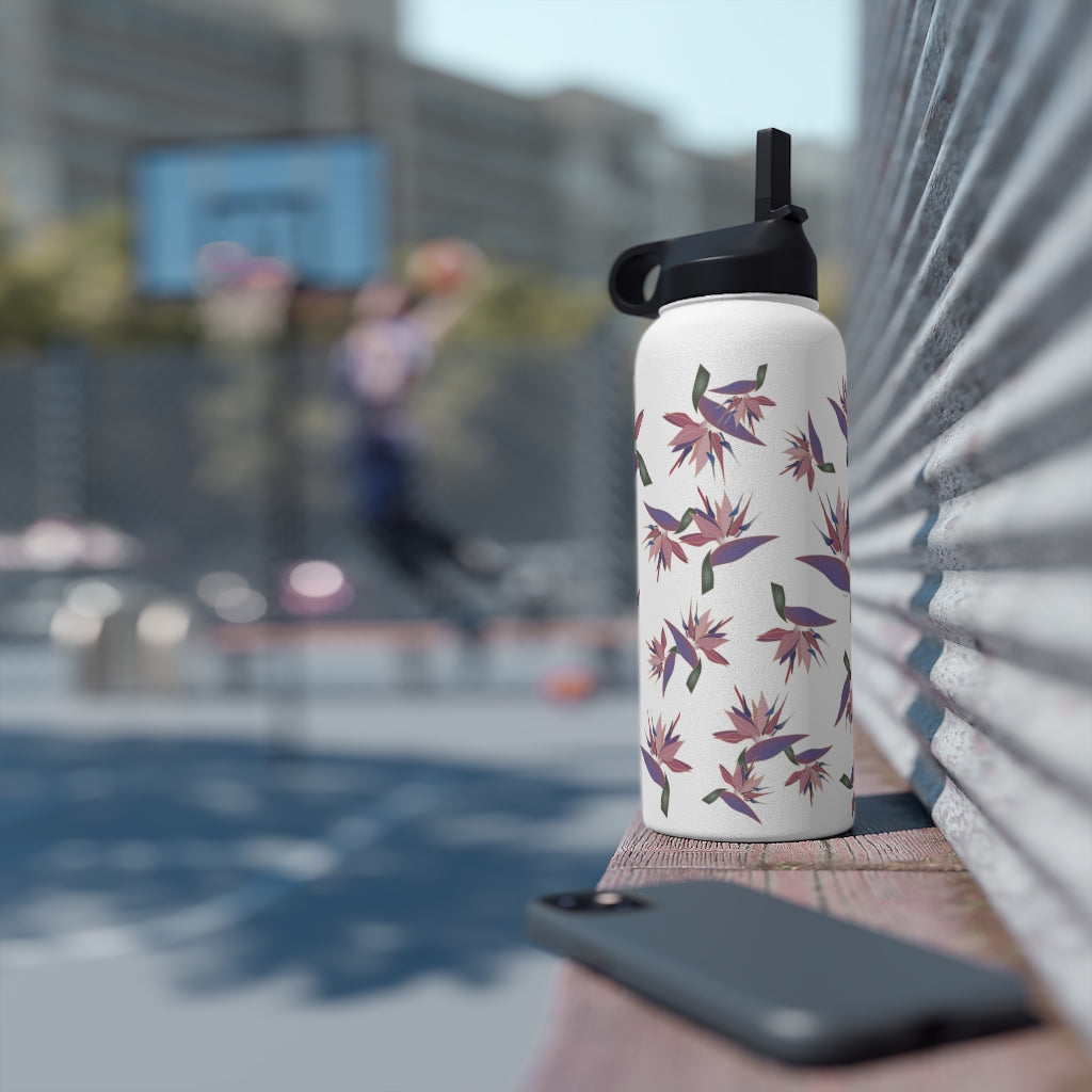 Water Bottle, 3 sizes, Stainless Steel with Sip Straw- Bird of Paradise