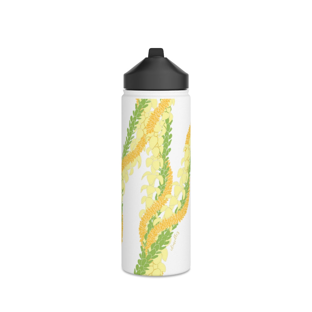 Water Bottle with Sip Straw- Triple Strand Ilima, Pakalana and Puakenikeni Leis (White)