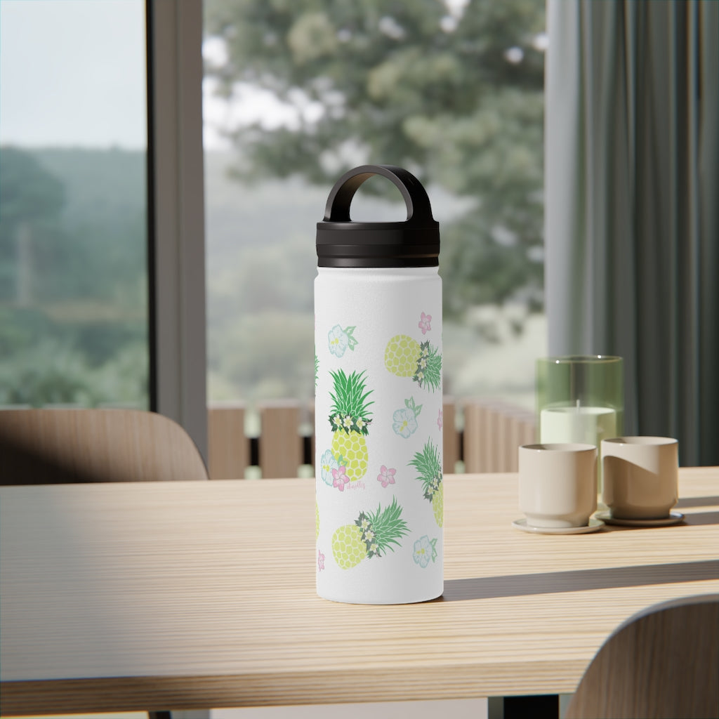 Water Bottle, 3 sizes, Stainless Steel with Handle Lid- Pineapple Party Flurries