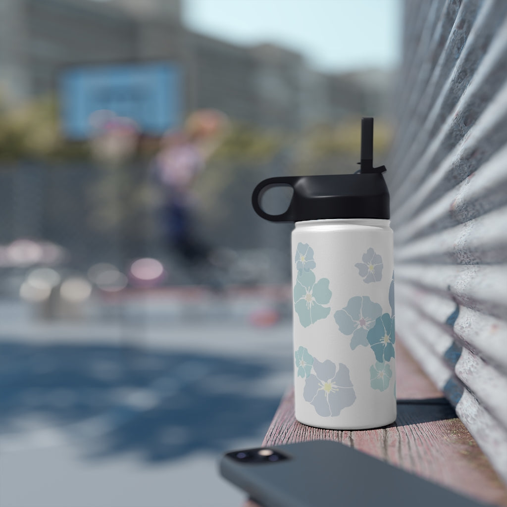 Water Bottle, 3 sizes, Stainless Steel with Sip Straw- Ilima Flower (Blues)