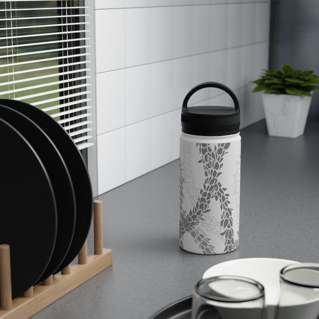 Water Bottle, 3 sizes, Stainless Steel with Handle Lid- Pikake Wishes (Gray)