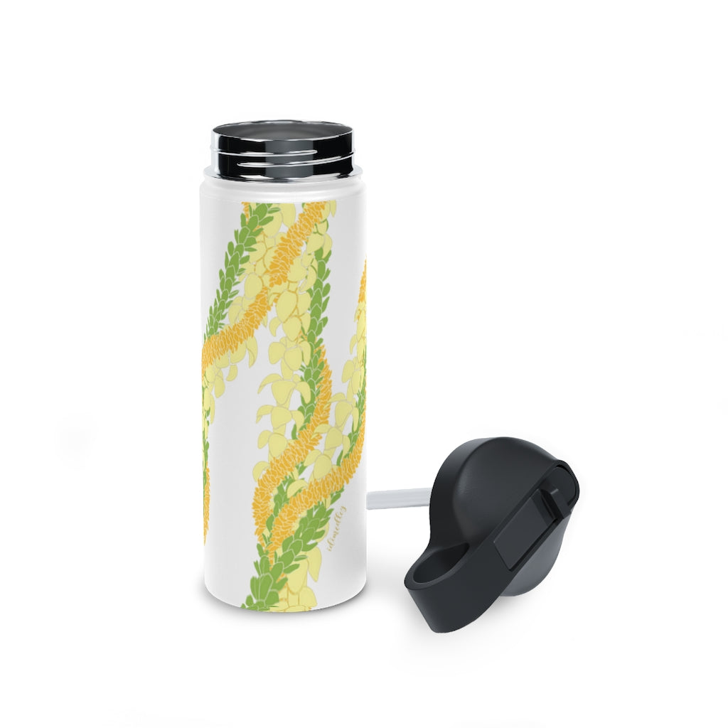 Water Bottle with Sip Straw- Triple Strand Ilima, Pakalana and Puakenikeni Leis (White)