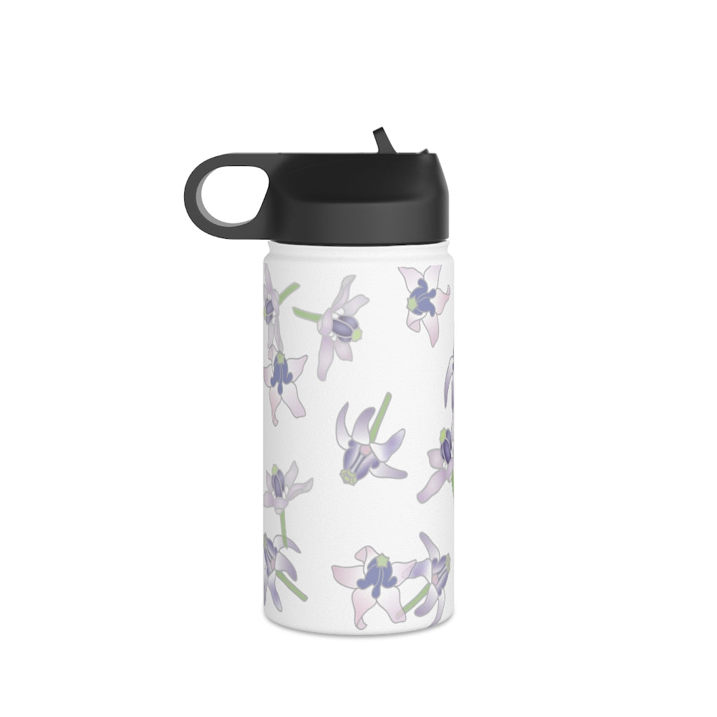 Water Bottle, 3 sizes, Stainless Steel with Sip Straw- Crown Flower Flurries