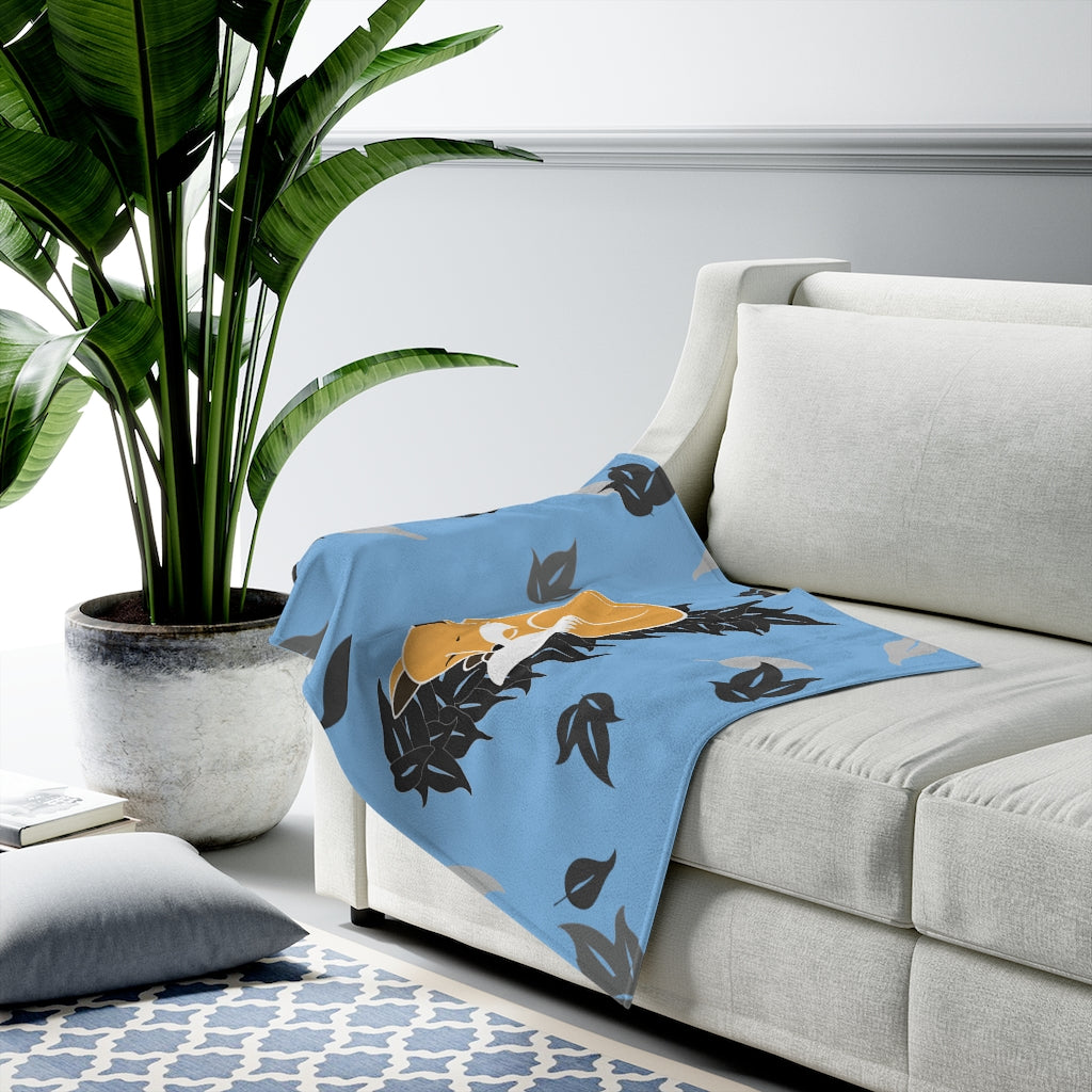 Velveteen Blanket- Snuggles the Fox on Maile (Blue Skies)