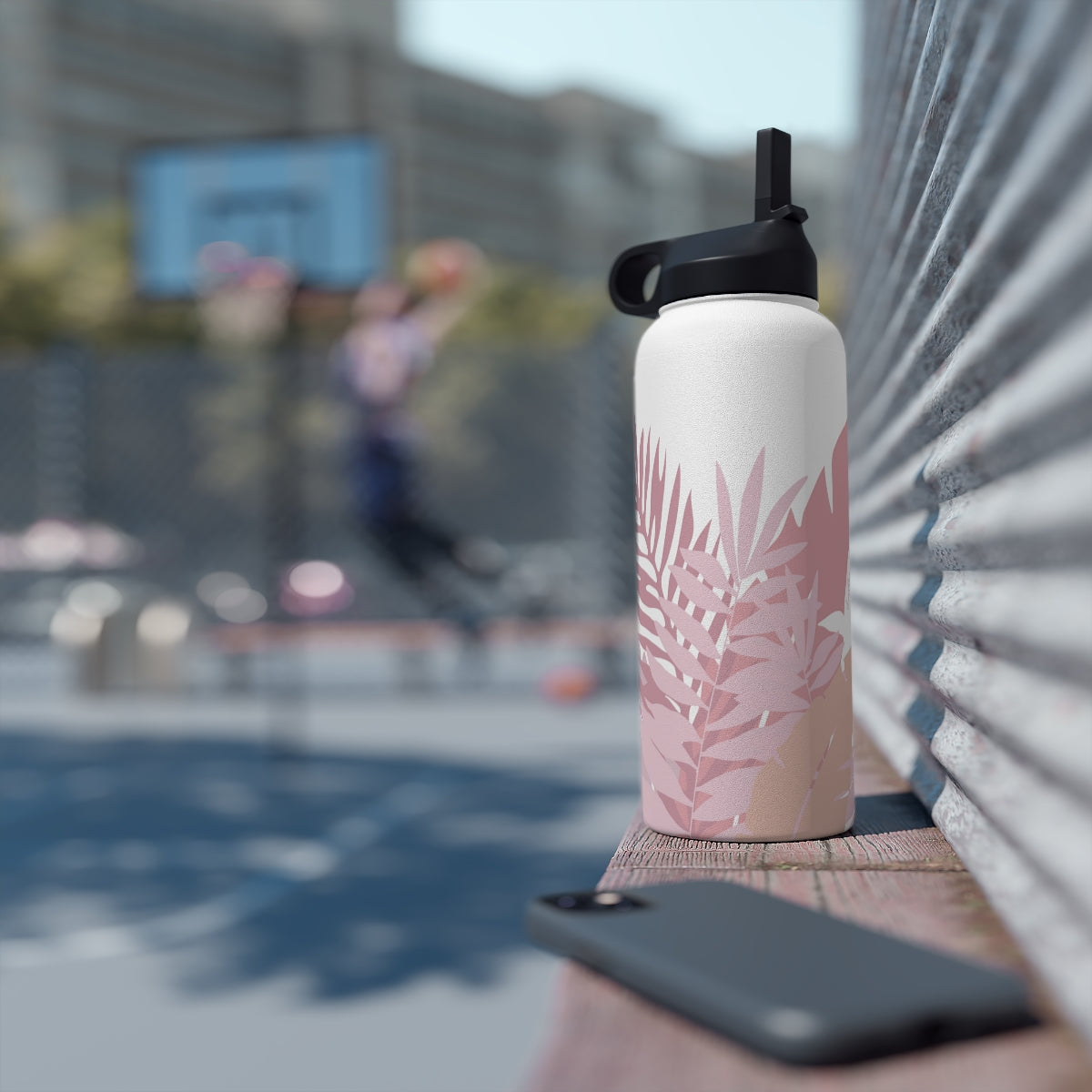 Water Bottle, 3 sizes, Stainless Steel with Sip Straw- Whispering Leaves in Pink