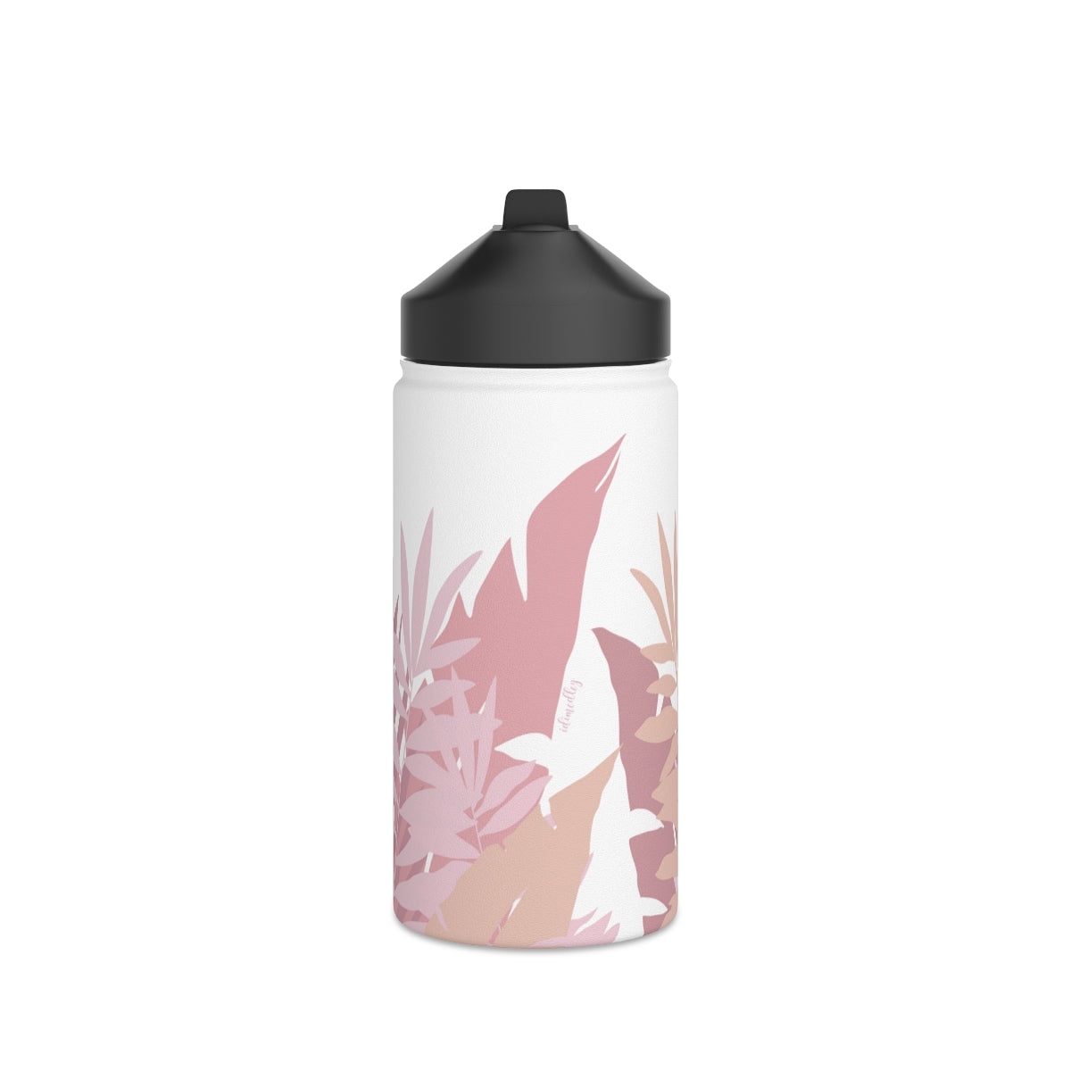 Water Bottle, 3 sizes, Stainless Steel with Sip Straw- Whispering Leaves in Pink
