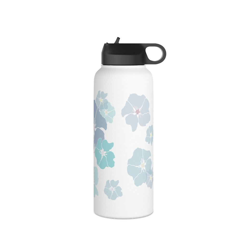 Water Bottle, 3 sizes, Stainless Steel with Sip Straw- Ilima Flower (Blues)