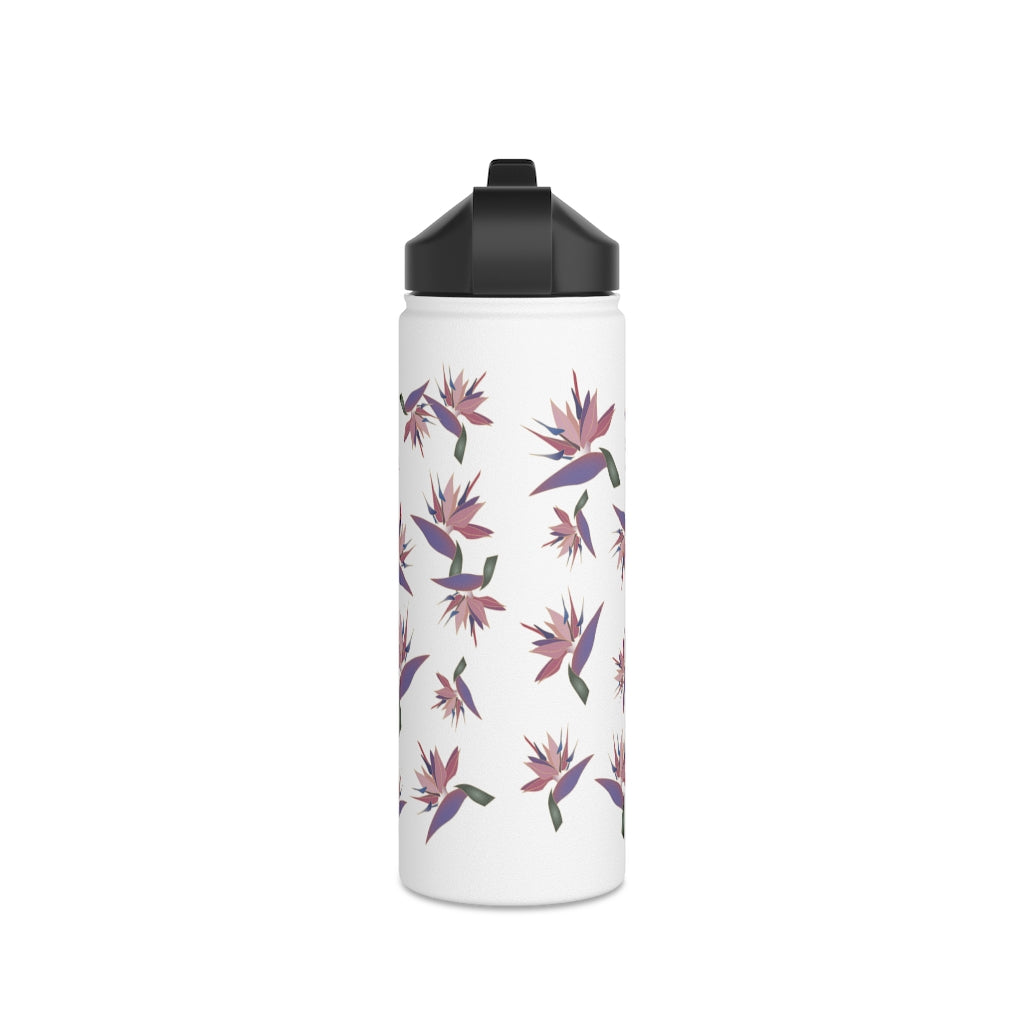 Water Bottle, 3 sizes, Stainless Steel with Sip Straw- Bird of Paradise