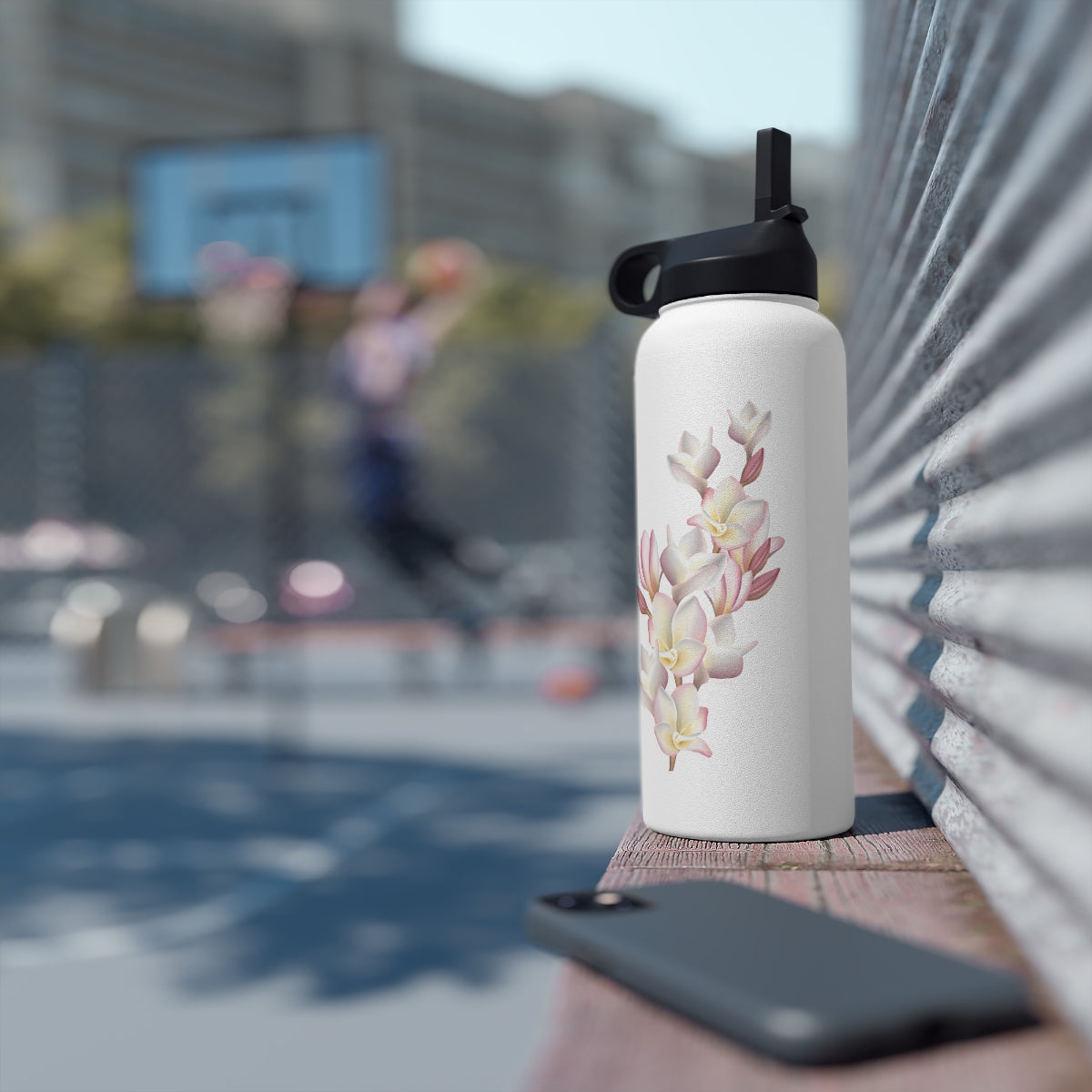 Water Bottle, 3 sizes, Stainless Steel with Sip Straw- Plumeria Cluster