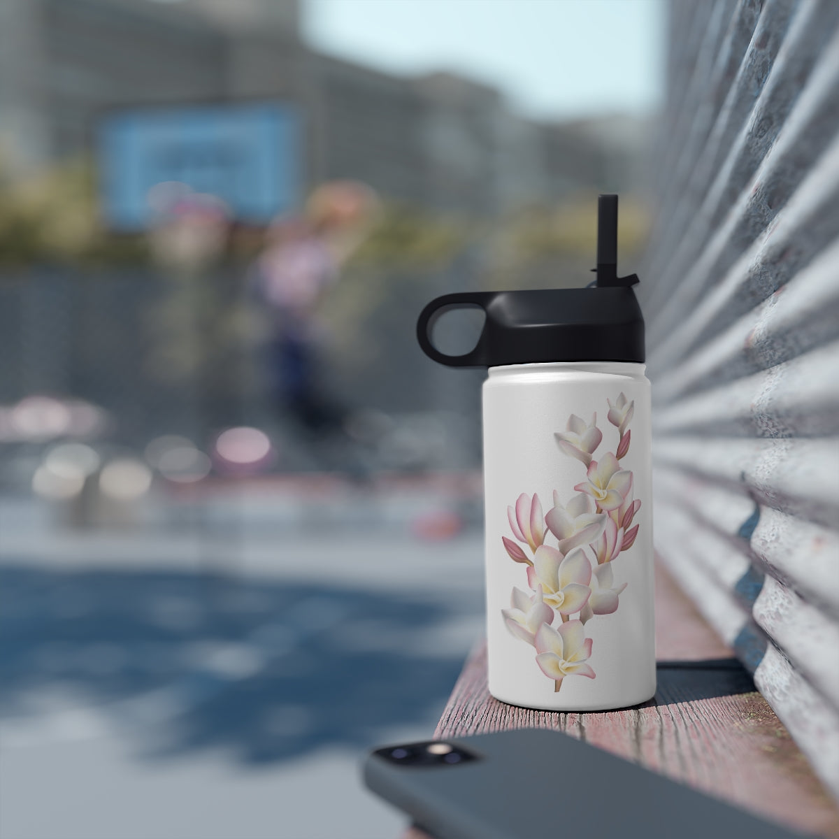 Water Bottle, 3 sizes, Stainless Steel with Sip Straw- Plumeria Cluster