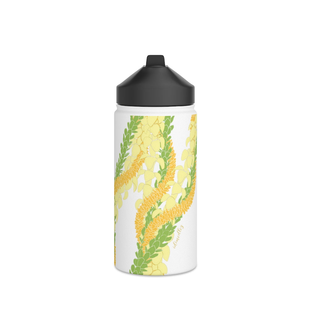 Water Bottle with Sip Straw- Triple Strand Ilima, Pakalana and Puakenikeni Leis (White)