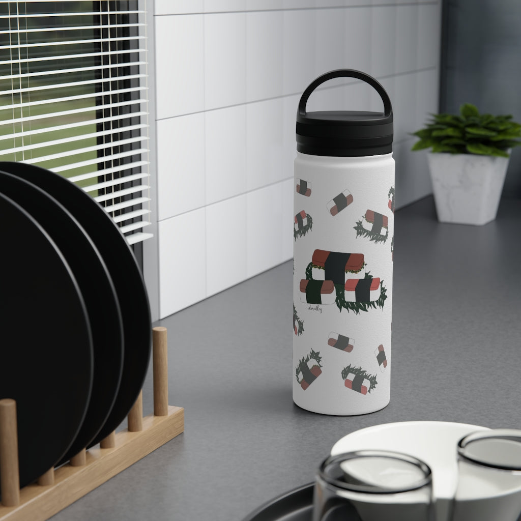 Water Bottle, 3 sizes, Stainless Steel with Handle Lid- Hawaii Musubi Flurries