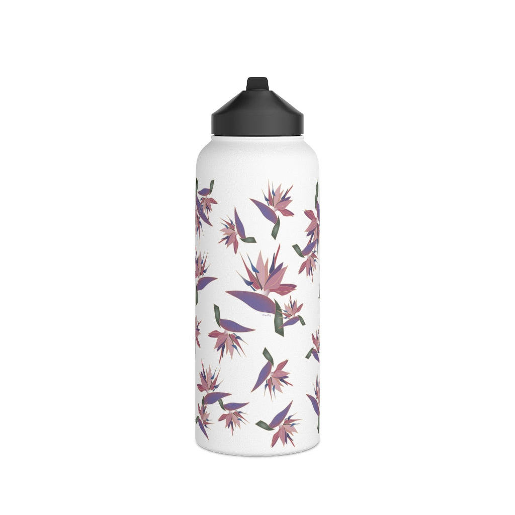 Water Bottle, 3 sizes, Stainless Steel with Sip Straw- Bird of Paradise