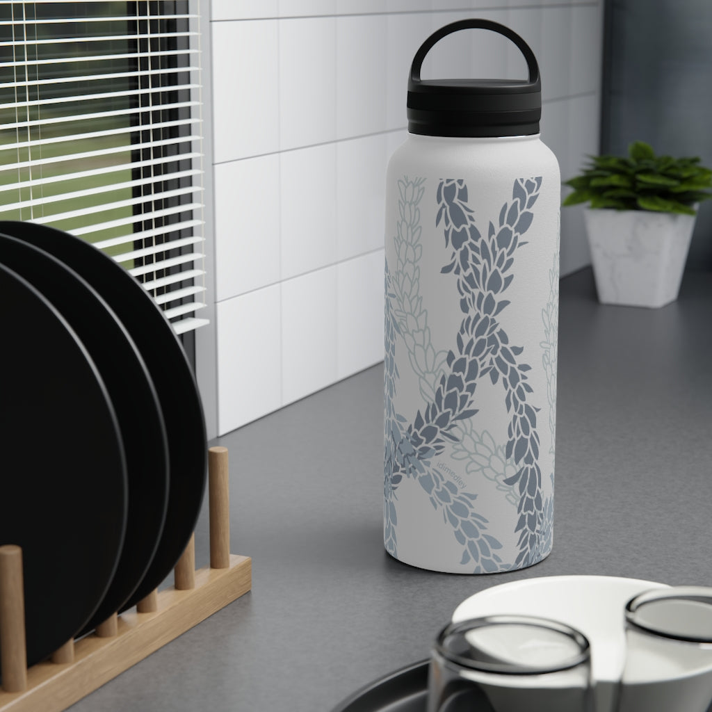 Water Bottle, 3 sizes, Stainless Steel with Handle Lid- Pikake Wishes (Blue), Pikake Lei