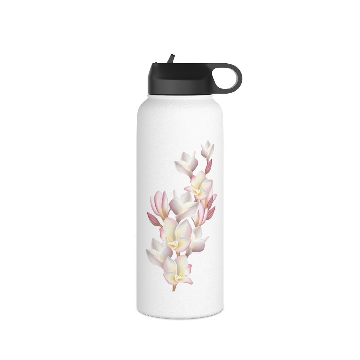 Water Bottle, 3 sizes, Stainless Steel with Sip Straw- Plumeria Cluster