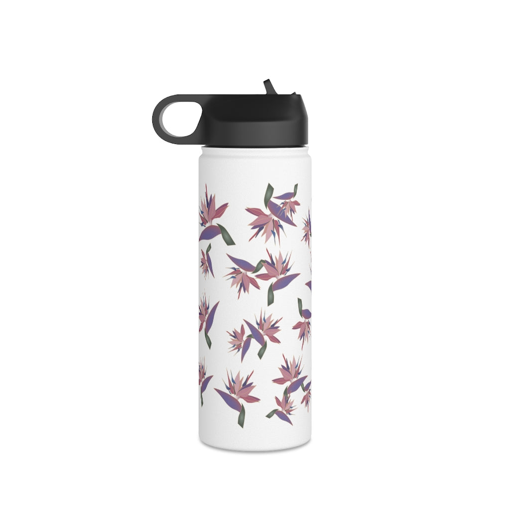 Water Bottle, 3 sizes, Stainless Steel with Sip Straw- Bird of Paradise