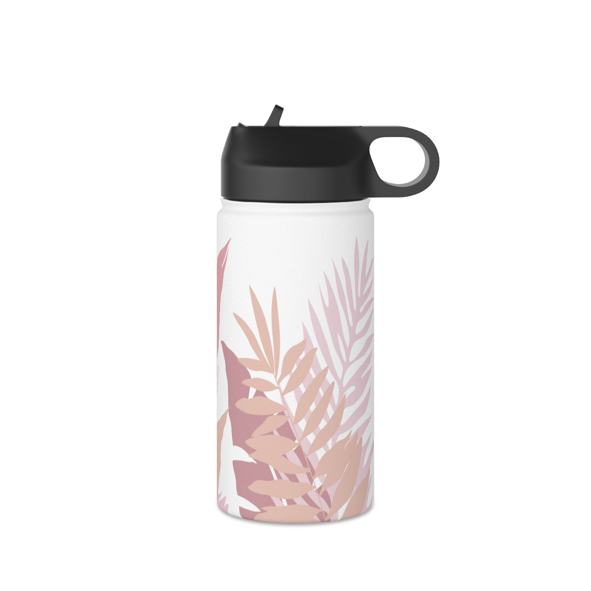 Water Bottle, 3 sizes, Stainless Steel with Sip Straw- Whispering Leaves in Pink