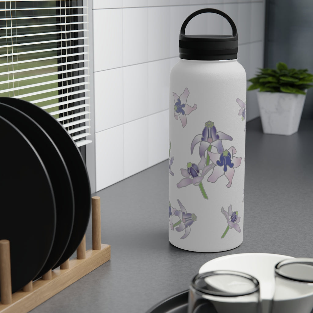 Water Bottle, 3 sizes, Stainless Steel with Handle Lid- Crown Flower Flurries