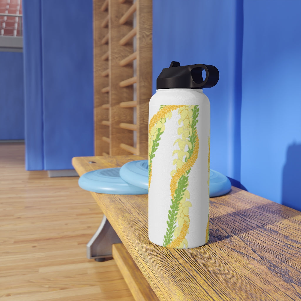 Water Bottle with Sip Straw- Triple Strand Ilima, Pakalana and Puakenikeni Leis (White)