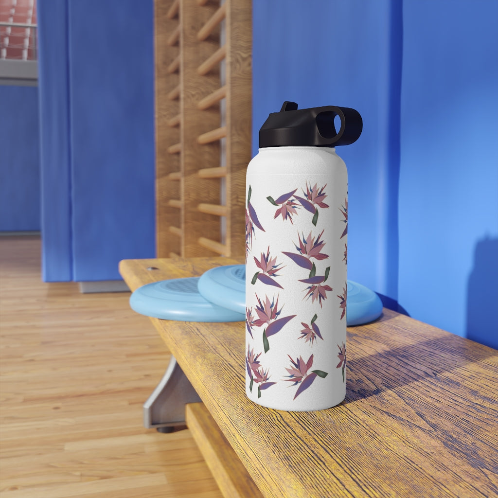 Water Bottle, 3 sizes, Stainless Steel with Sip Straw- Bird of Paradise