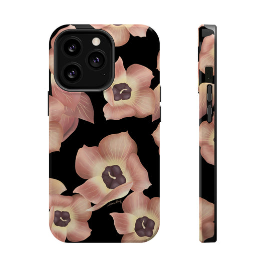 Peach and Yellow Sea Hibiscus, Hawaiian Hau flowers scattered on a black iPhone 14 Pro Max case.