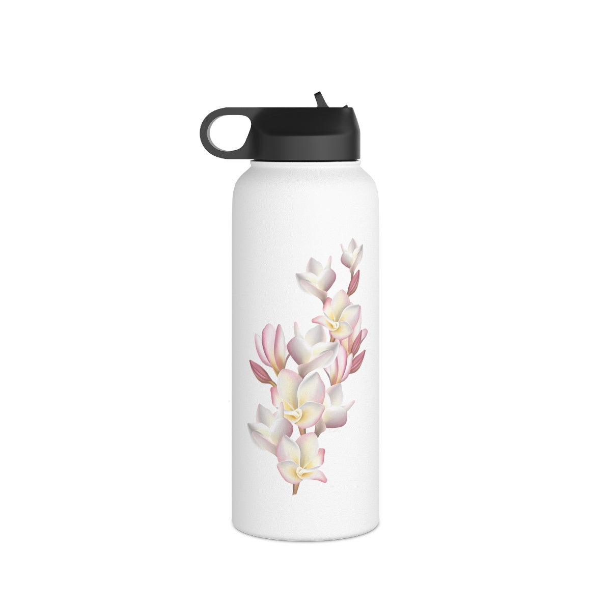 Water Bottle, 3 sizes, Stainless Steel with Sip Straw- Plumeria Cluster