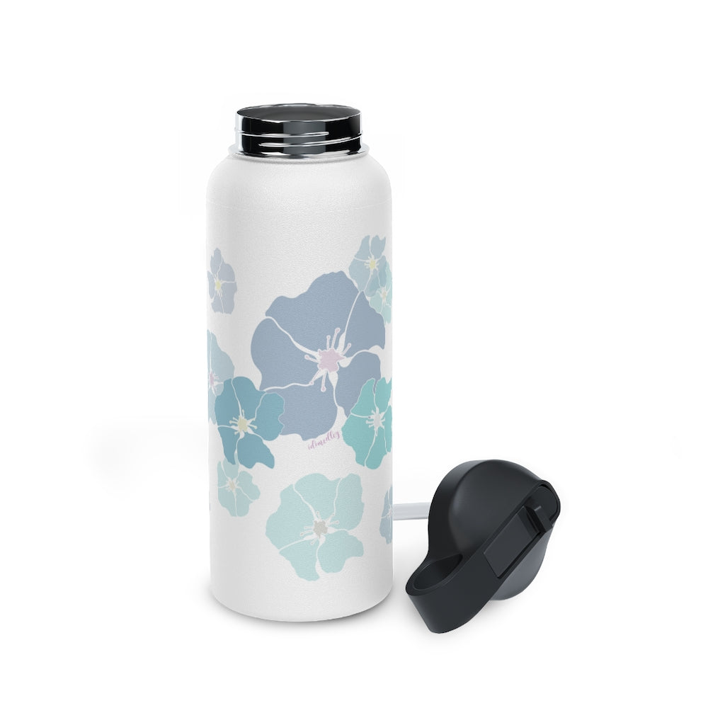 Water Bottle, 3 sizes, Stainless Steel with Sip Straw- Ilima Flower (Blues)