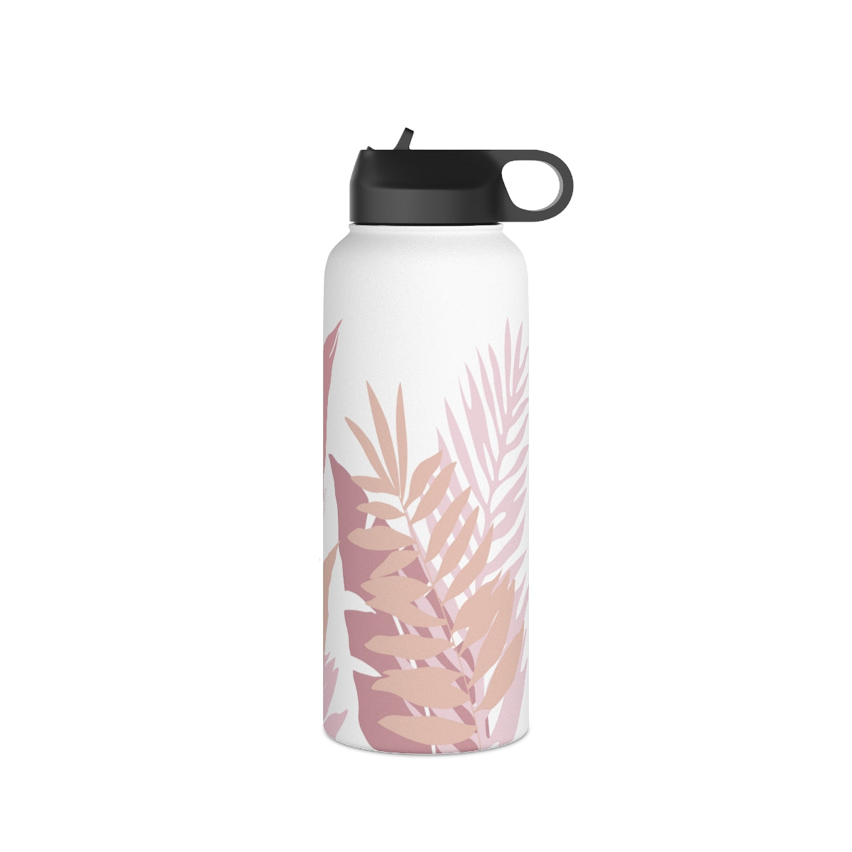 Water Bottle, 3 sizes, Stainless Steel with Sip Straw- Whispering Leaves in Pink