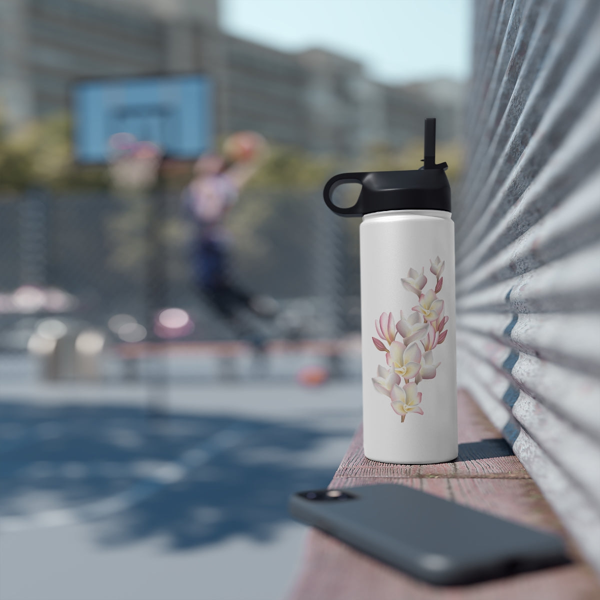 Water Bottle, 3 sizes, Stainless Steel with Sip Straw- Plumeria Cluster