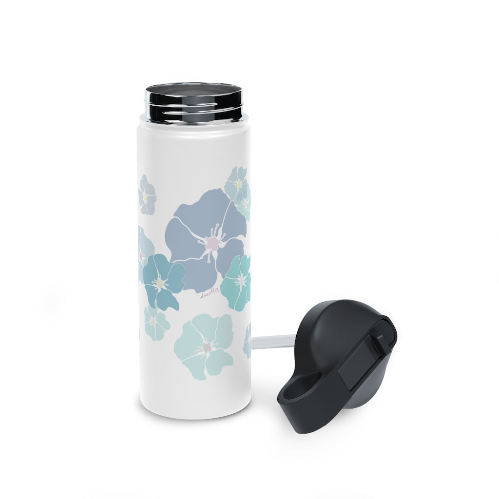 Water Bottle, 3 sizes, Stainless Steel with Sip Straw- Ilima Flower (Blues)