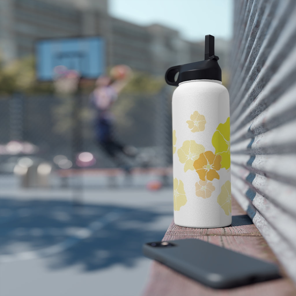 Water Bottle, 3 sizes, Stainless Steel with Sip Straw- Ilima Flower Flurries
