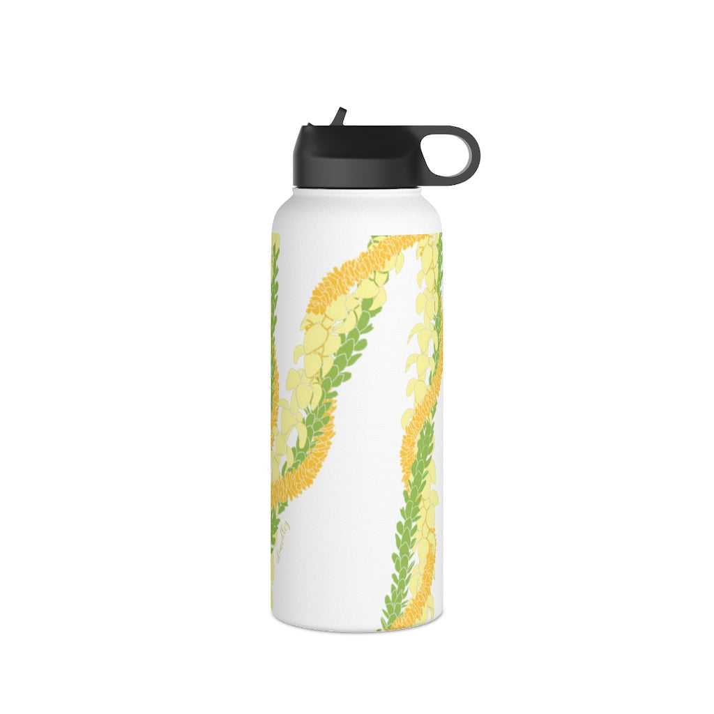 Water Bottle with Sip Straw- Triple Strand Ilima, Pakalana and Puakenikeni Leis (White)