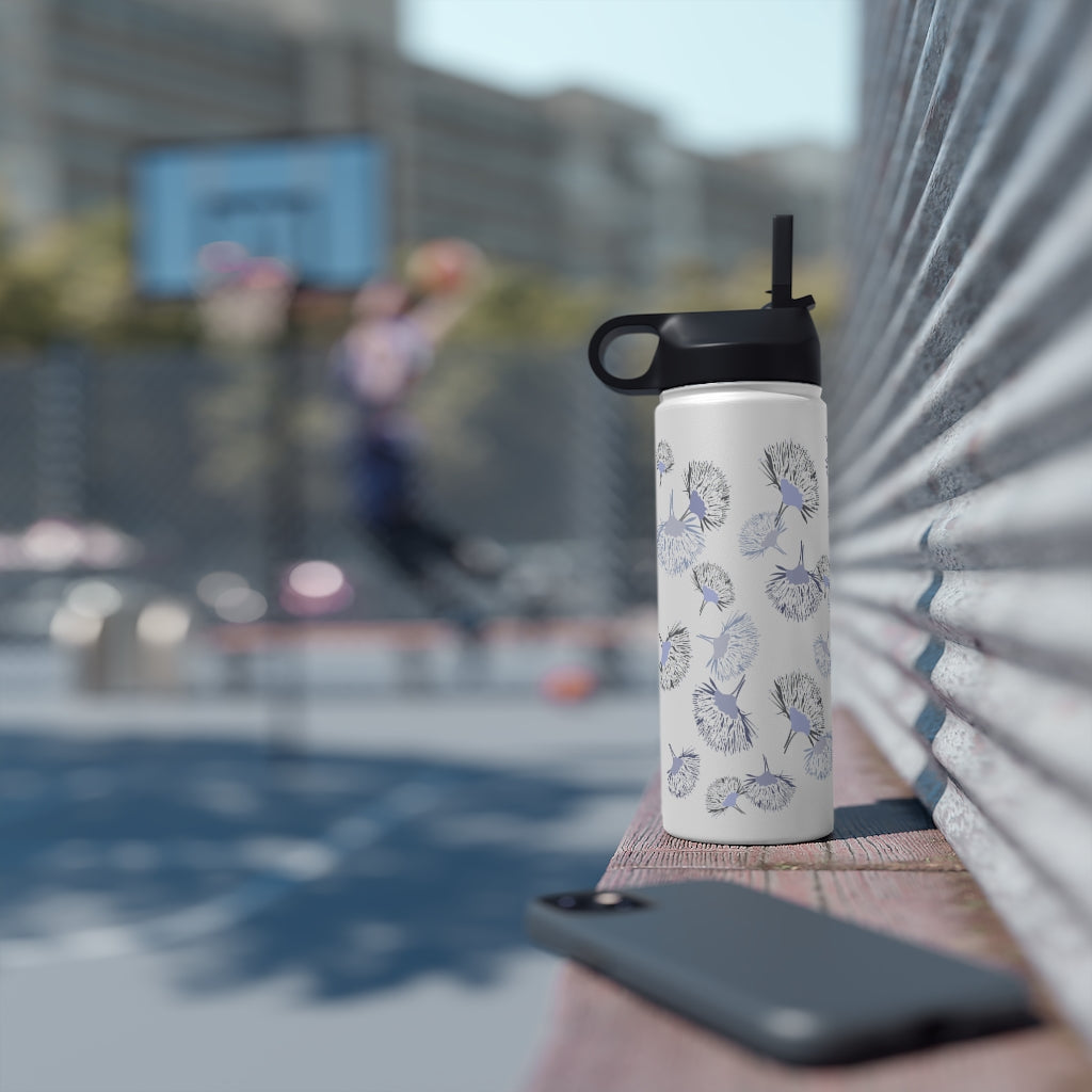 Water Bottle, 3 sizes, Stainless Steel with Sip Straw- Ohia Lehua Periwinkle Twinkle